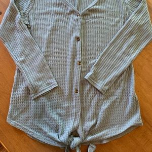 Gray v-neck tie waist sweater